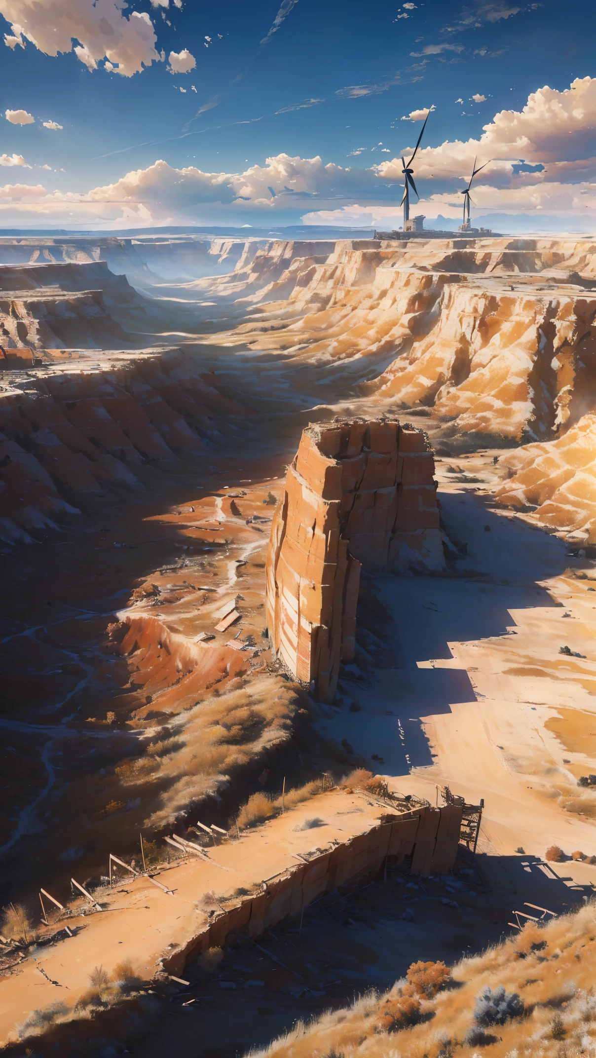 (Best quality, 8k, 32k, Masterpiece, UHD: 1.2, ray tracing: 1.2, real: 1.2), (side: 1.5), savannah in the foreground, sandy red canyons in the distance, (Prairie, Long Range, wind:1.5), road works sign in the background, blue sky, white clouds, (((post apocalyptic wasteland)))
