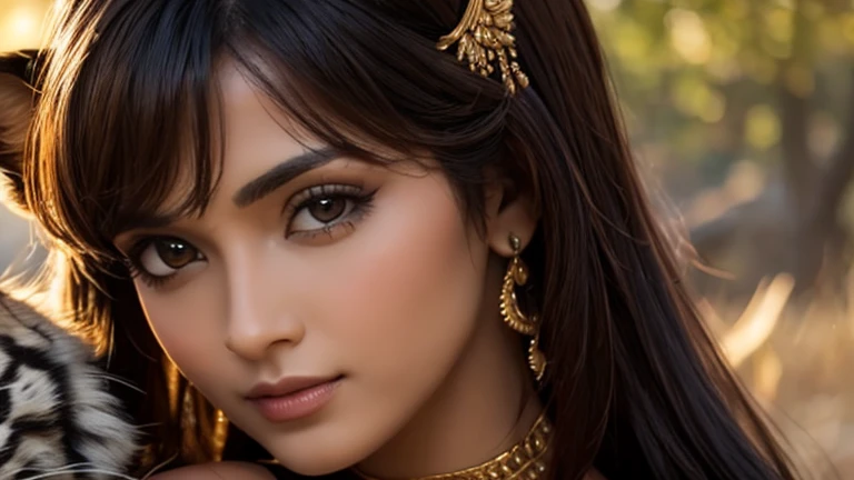 ((best quality)), (detailed), (3D), (headshot), (profile shot), (close up), beautiful middle eastern woman holding a tigers head to hers, HDR, 4K