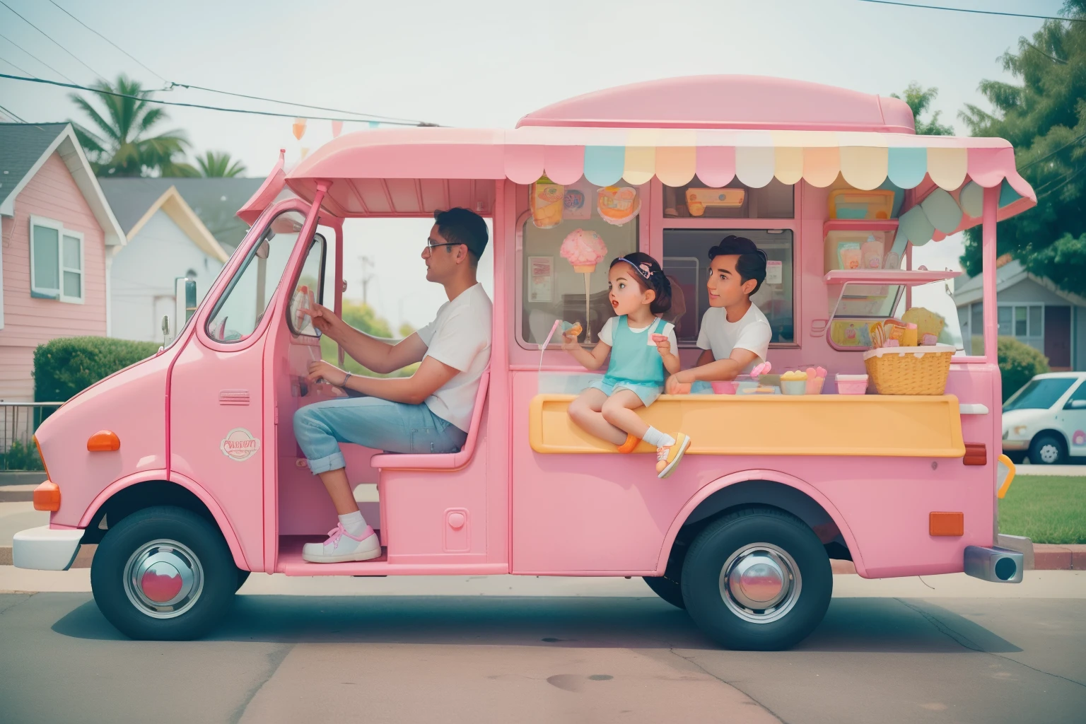 The Ice Cream Truck Quest: Create an image of a father and his young daughter, both with messy brown hair, chasing an ice cream truck through a whimsical suburban neighborhood. The duo wears coordinating retro summer outfits, and the scene is filled with floating ice cream cones and vibrant pastel houses, capturing the essence of a delightful family adventure in Wes Anderson's color palette.