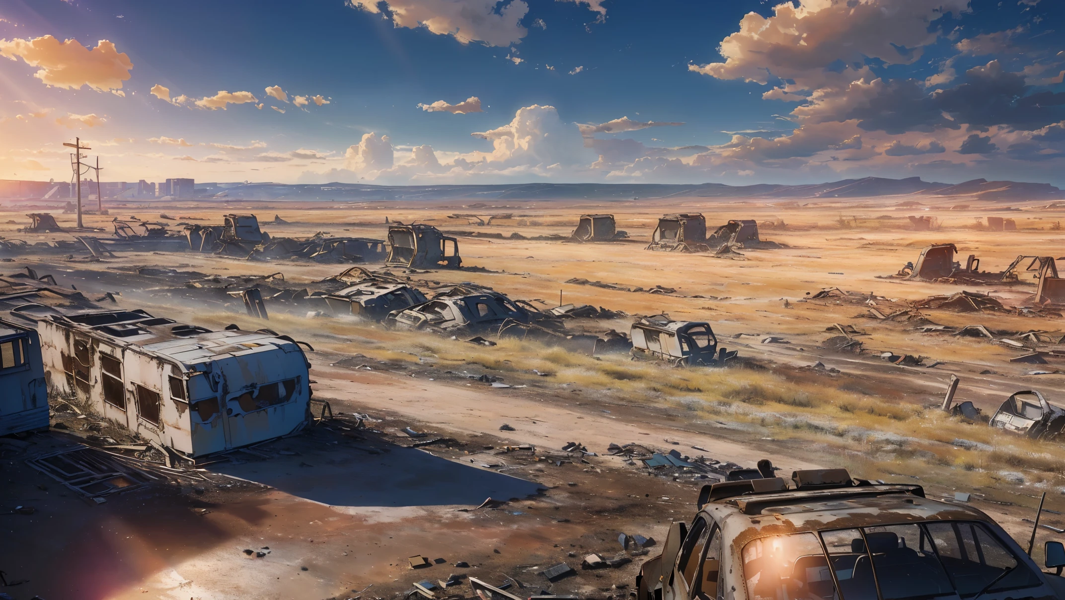 (Best quality, 8k, 32k, Masterpiece, UHD: 1.2, ray tracing: 1.2, real: 1.2), 1girl, (side: 1.5), very far away group of people, Savannah in the background, (Prairie, Long Range, landfills, road works sign in the foreground, blue sky, white clouds, (((post apocalyptic wasteland))) 