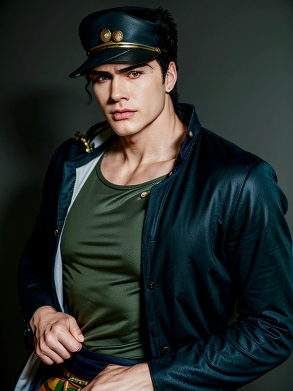 [realism, masterpiece, best quality, anime, highly detailed face, perfect anatomy:5], (kujo jotaro, solo), hat, chain, coat, beltlue greenish Eyes, black Hair), 1boy, Muscular Man, AS-, muscular, opening jacket,