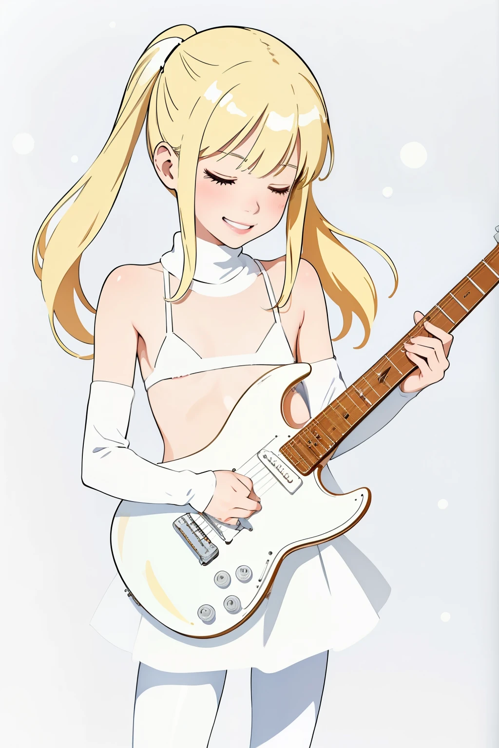 (masterpiece, best quality),  1girl, petite, ****, long blonde hair, white bra, flat chest, (white pantyhose:1.2), cameltoe, (playing a white electric guitar1.3}, smile, eyes closed, blush, winter, snow,, bright, white, anime minimalist, watercolor