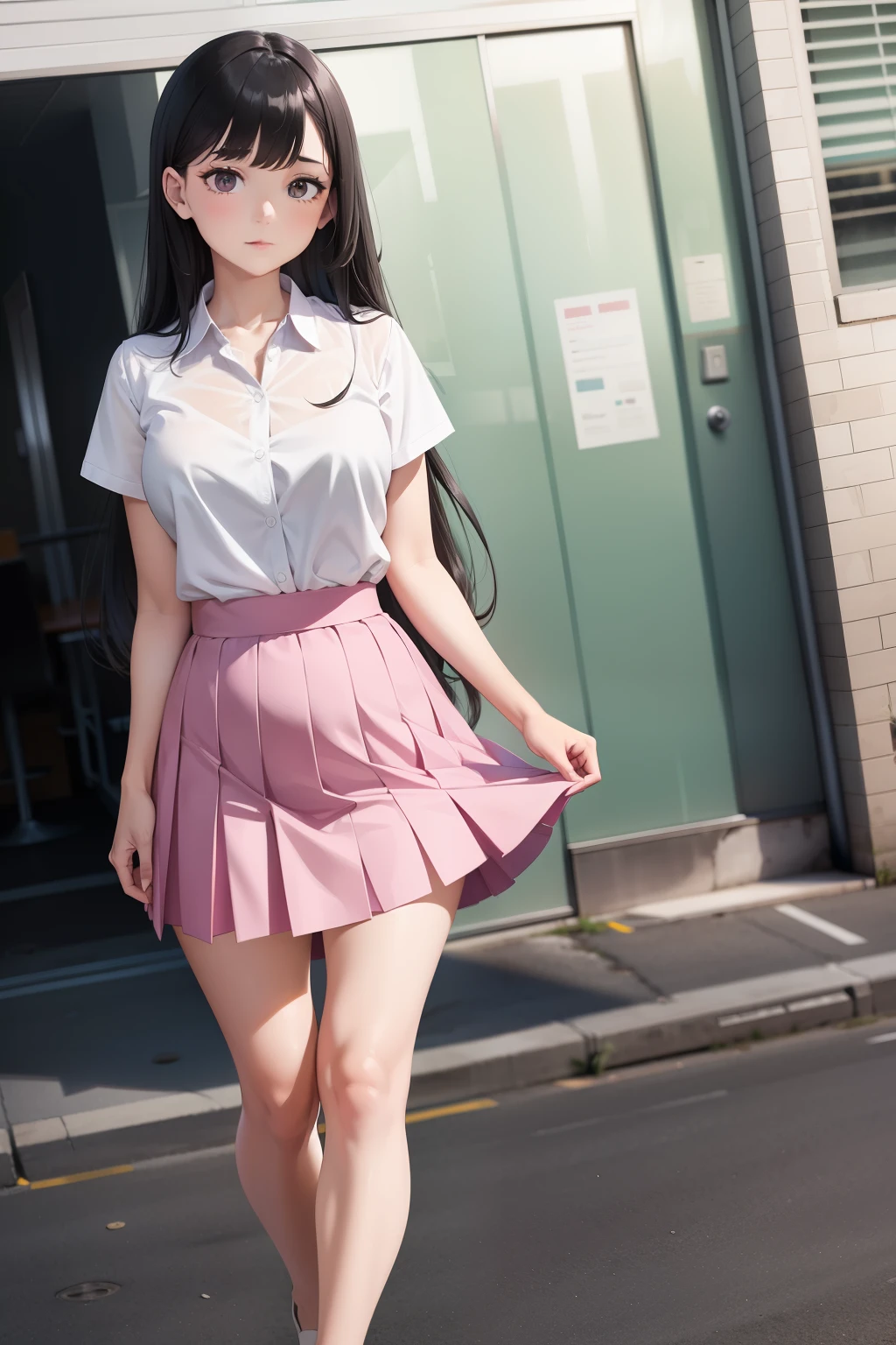 jk, 1girl, solo, long hair, looking at viewer, skirt, shirt, black hair, closed mouth, white shirt, short sleeves, pleated skirt, pink skirt, full body, 
 