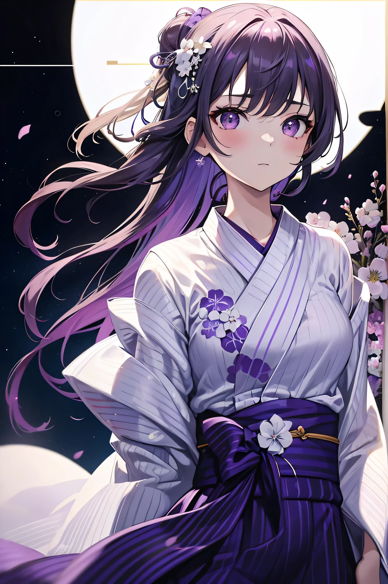 (muste piece, highest quality, ultra high resolution),1 girl,(yukata)), beautiful and detailed face, fine eyes,((white and purple theme)),standing in front of a pure white wall