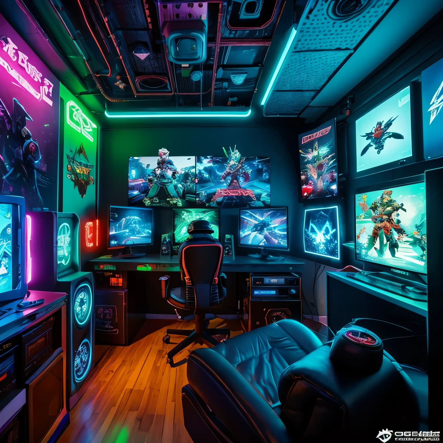 A gaming room for a boy, adorned with neon lights, futuristic gaming setup, and walls covered in posters of favorite game characters; the room exudes a cyberpunk aesthetic, capturing the essence of a digital playground, Illustration, digital art, --ar 16:9 --v 5