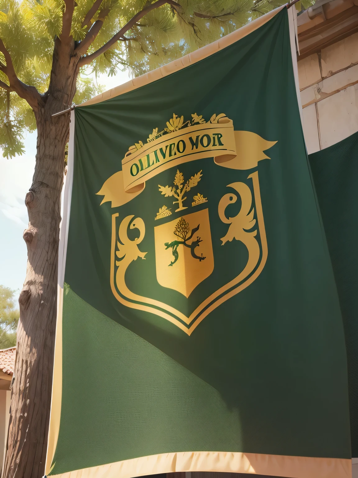 Create a fabric banner with a coat of arms displaying an olive tree in green and gold colors. (Estandarte de Oliveiras)