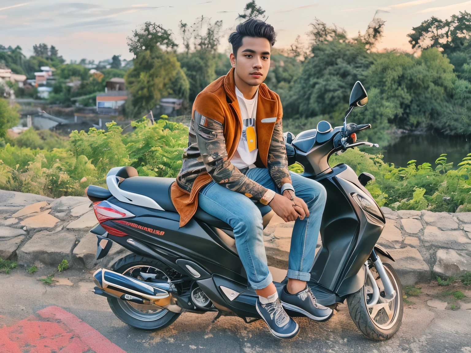 Young man sitting on a scooter on a street, without helmet, taken with sony alpha 9, sitting on a motorcycle, candid picture, very artistic pose, with a cool pose, photo taken in 2 0 2 4, indian, full body photogenic shot, cool pose.((realistic:1.8)),(photorealistic:1.2).(evening,very detailed nature background:1.5)