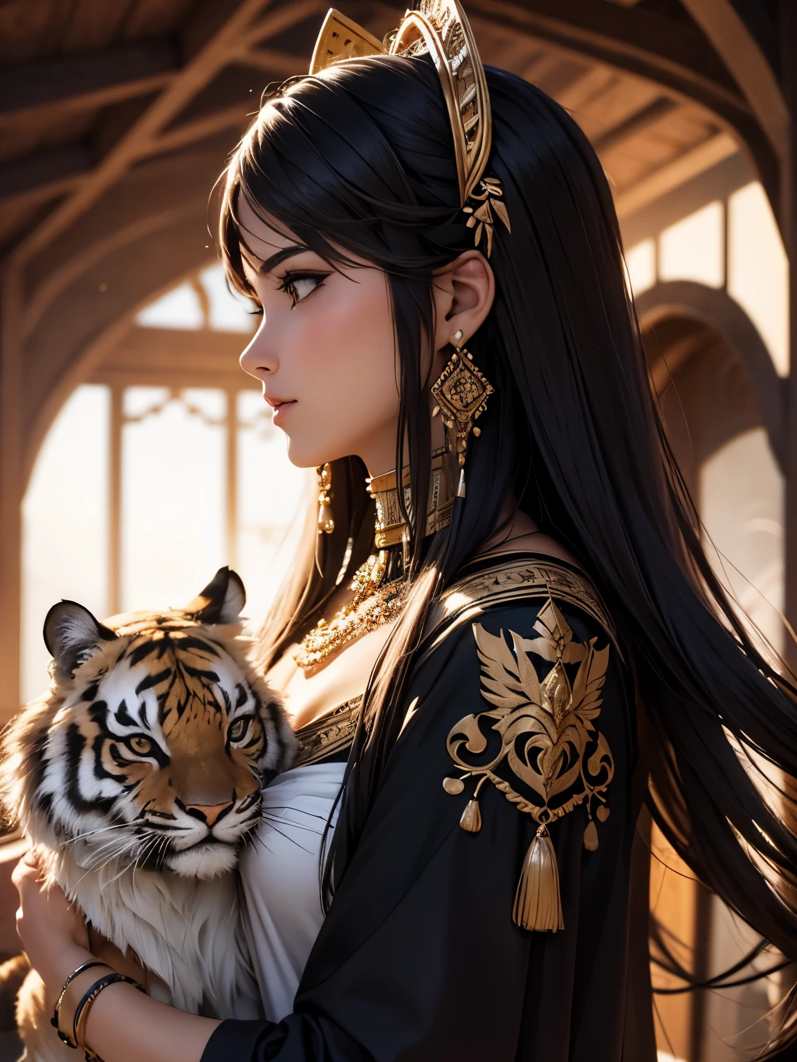 ((best quality)), (detailed), (3D), (headshot), (profile shot), (close up), beautiful middle eastern woman holding a tigers head to hers, HDR, 4K