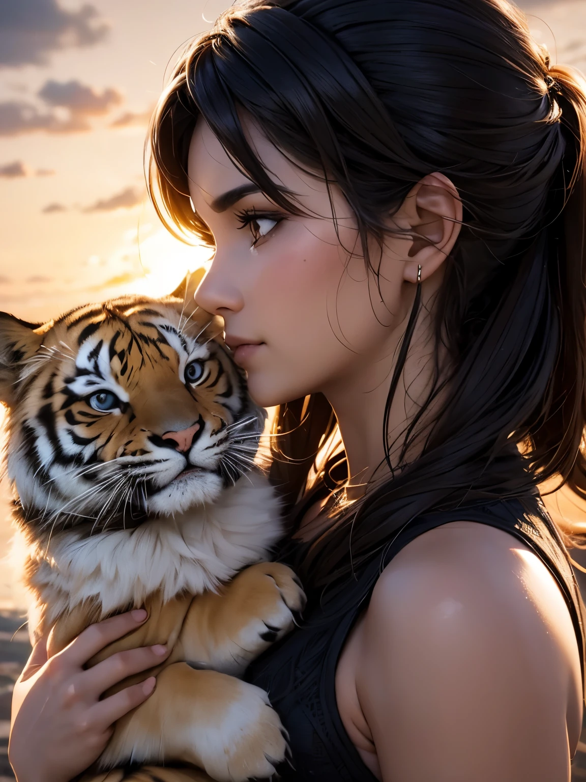 ((best quality)), (detailed), (3D), (headshot), (profile shot), (close up), beautiful middle eastern woman holding a tigers head to hers, HDR, 4K