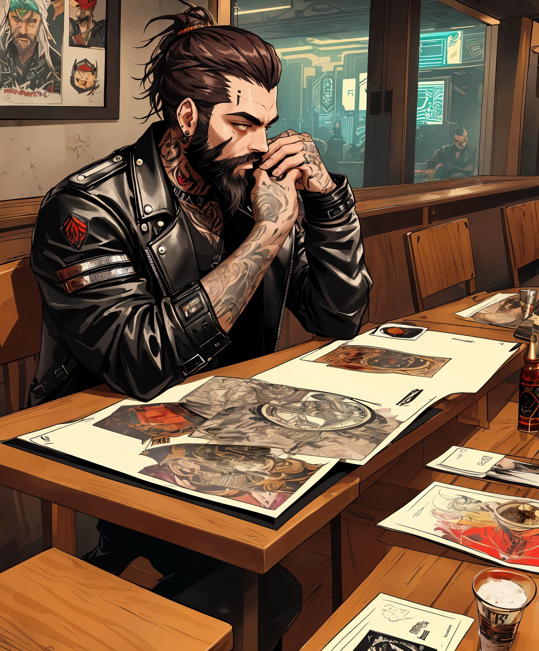there is a man with a beard and tattoos sitting at a table, felix englund style, wearing cyberpunk leather jacket, style of seb mckinnon, tattooed man, shamanpunk, style of jesper ejsing, style of ink, neck tattoos, badass look, post malone, in style of kyrill kotashev, felix englund, profile image, georges mathieu