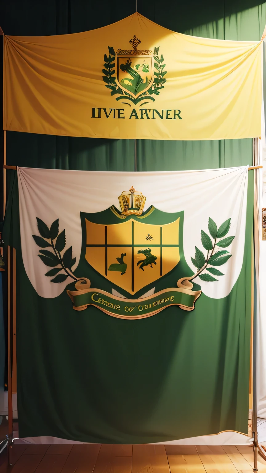Create a fabric banner with a coat of arms displaying an olive tree in green and gold colors. (Estandarte de Oliveiras)