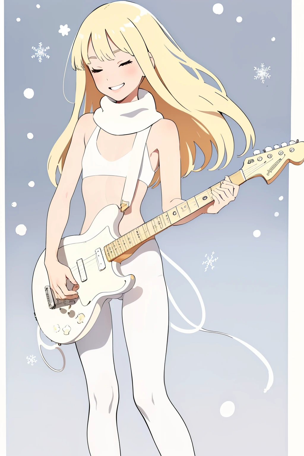 (masterpiece, best quality), 1girl, petite, , long blonde hair, white bra, flat chest, (white pantyhose:1.1), cameltoe, (playing a white electric guitar1.3}, standing, feet, smile, eyes closed, blush, cameltoe, winter, snow, bright, white, anime minimalist, watercolor