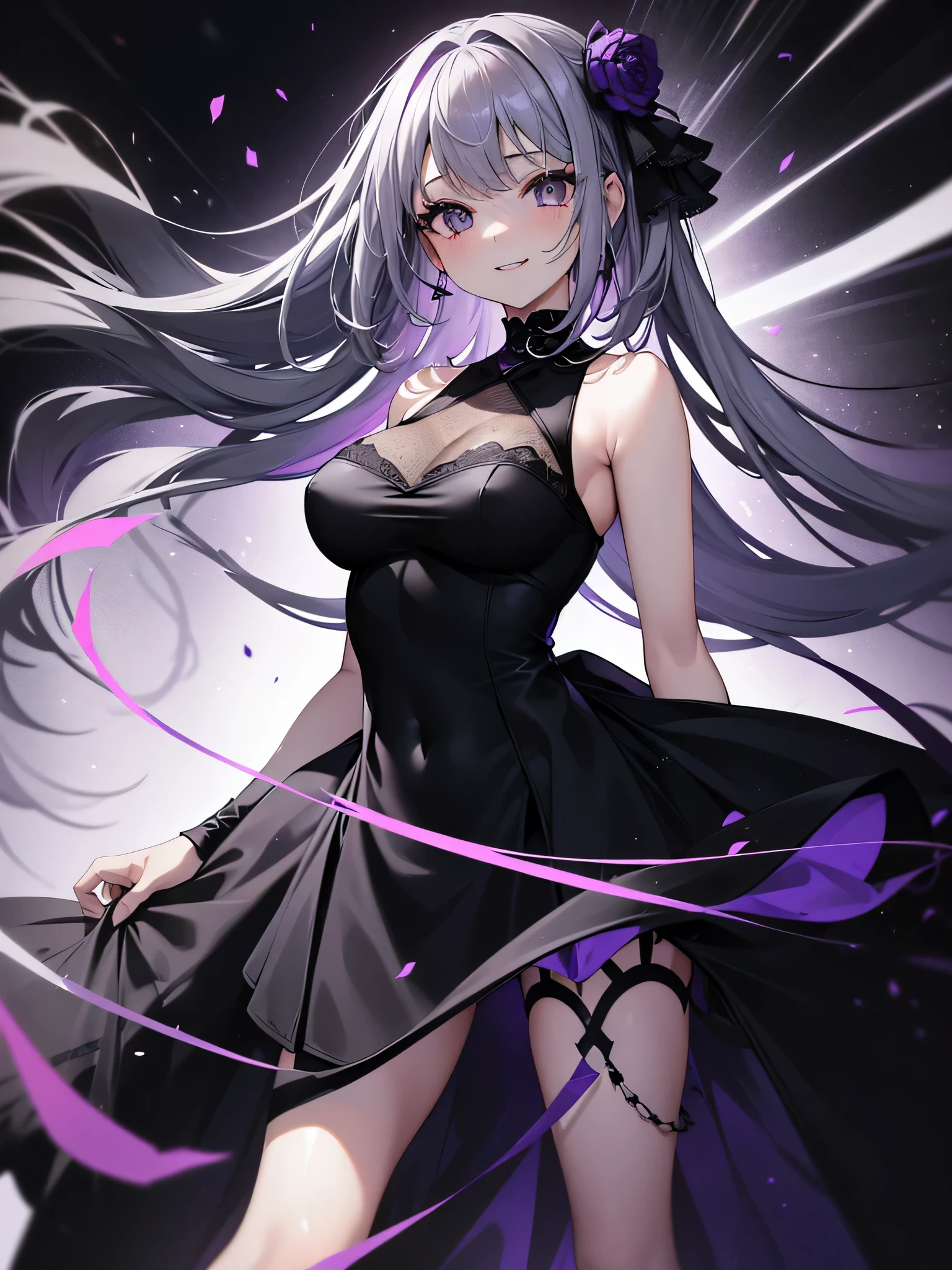 (muste piece, highest quality, ultra high resolution),1 girl,(black dress)), beautiful and detailed face, fine eyes,((gray and purple theme)),standing in front of a pure white wall、facing forward,smile、smile,Have red cheeks,whole body,Beautiful eyes that everyone envy,Wearing black heels