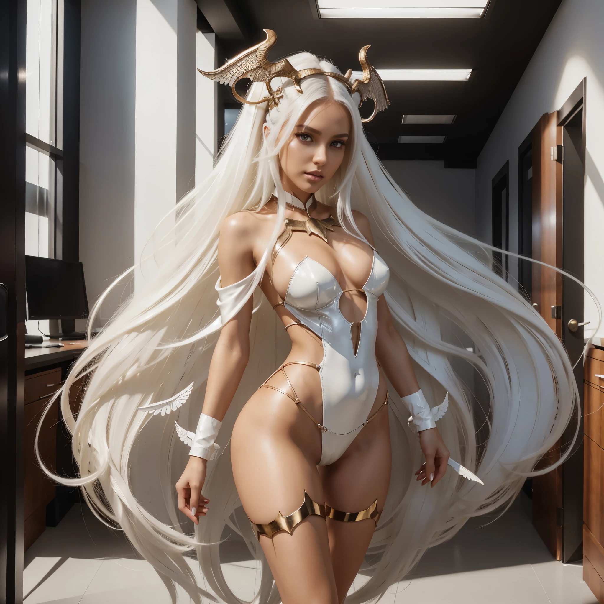 Sexy Succubus Girl with White Long Hair, Beautiful face. Bronze skin, with small white wings on his head. without wings. Dressed in shiny scaly dark off-white leather bodysuit and high heels. standing in the office. Refined, inviting beauty. Intimate details. high detail. 8k. Full height in frame. (Detailed hair.) OverallDetail:1.3