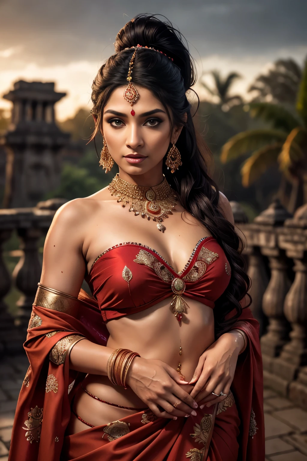 Portrait, beautiful indian queen, masterpiece, 8k, ultra high quality, blur background, ponytail hair, big hazel eyes, red saree, strapless, small skirt, nose ring, tattoed hands, cute face, wet body, best quality, walking on street, ancient city ruins, autumn forest ultra detailed background, dark rainy sky, dark fantasy, perfect anatomy, perfect fingers, ambient lighting, photorealistic