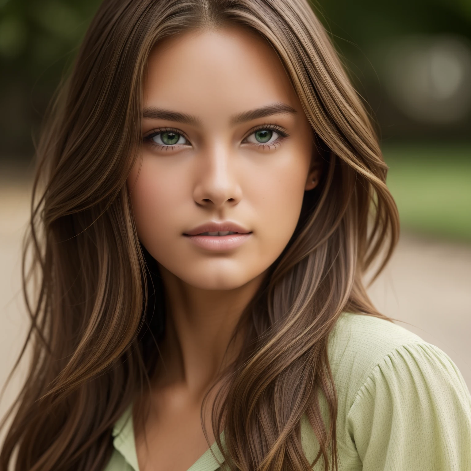 jp_style person, portrait of the beautiful teenage model, wavy brown hair with blonde highlights, deep green eyes, very tanned textured skin, puffed sleeved shirt, (8k, RAW photo, best quality, masterpiece: 1.2), (realistic, photorealistic: 1.37), ultra detailed, (high detail skin: 1.2), 8k uhd, DSLR, soft lighting, high quality, film grain, Fujifilm XTrofessional lighting