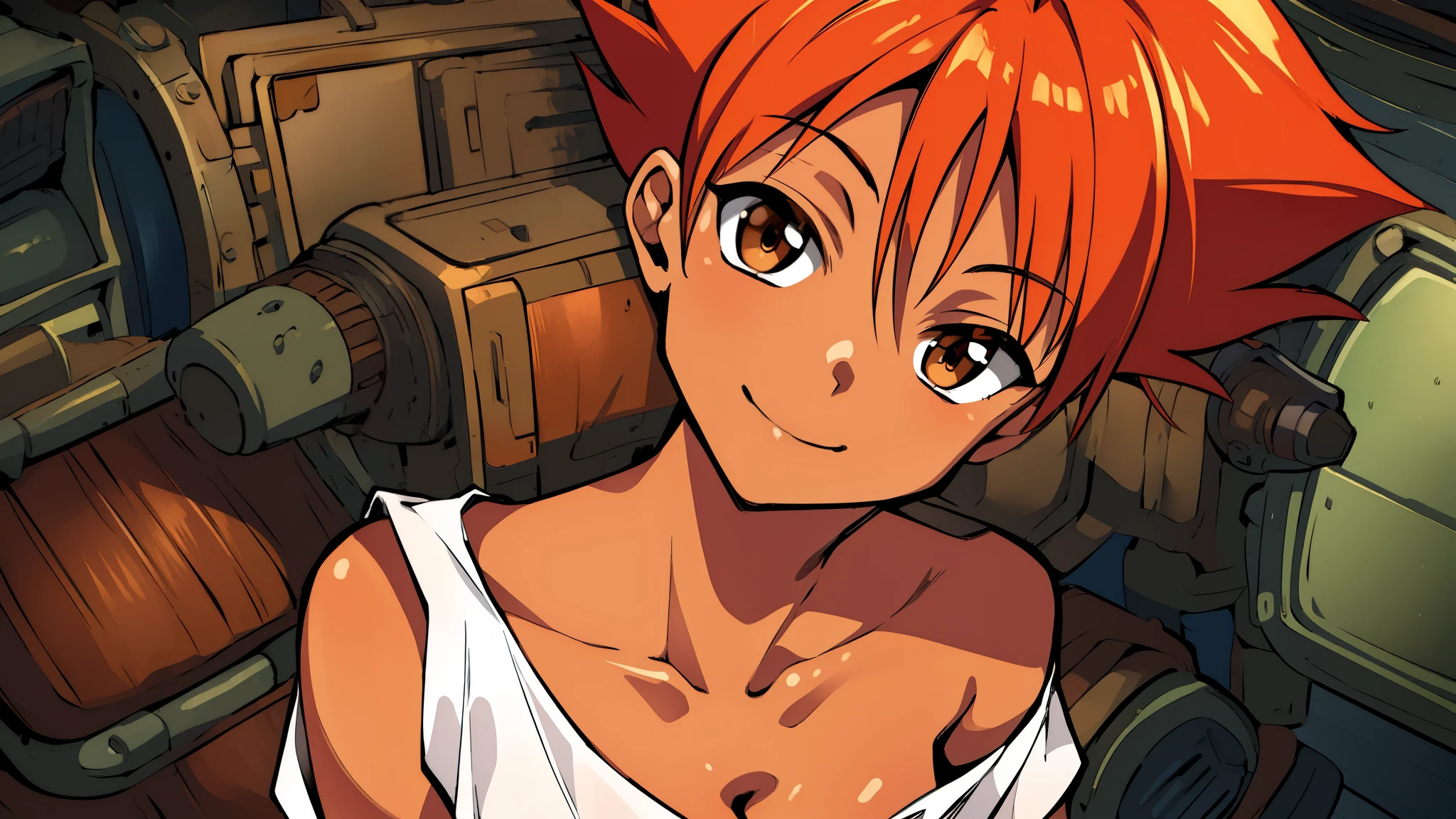 Edward,midriff,orange hair,white shirt,off shoulder,collarbone,tan skin, black bike shorts,goggles, brown eyes, space station,engine room, upper body,sitting,smiling, breasts, cleavage (insanely detailed, beautiful detailed face, masterpiece, best quality),