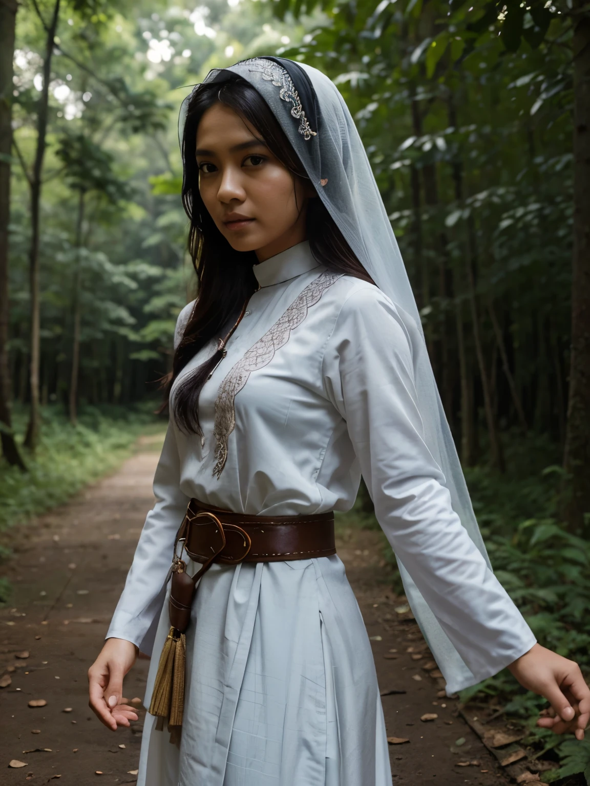 A malay women wearing long flowy veil head gear.  Showing little hair. Doing martials art. Wearing baju melayu with belt. High fidelity. Forest background. High quality. Water colour type.