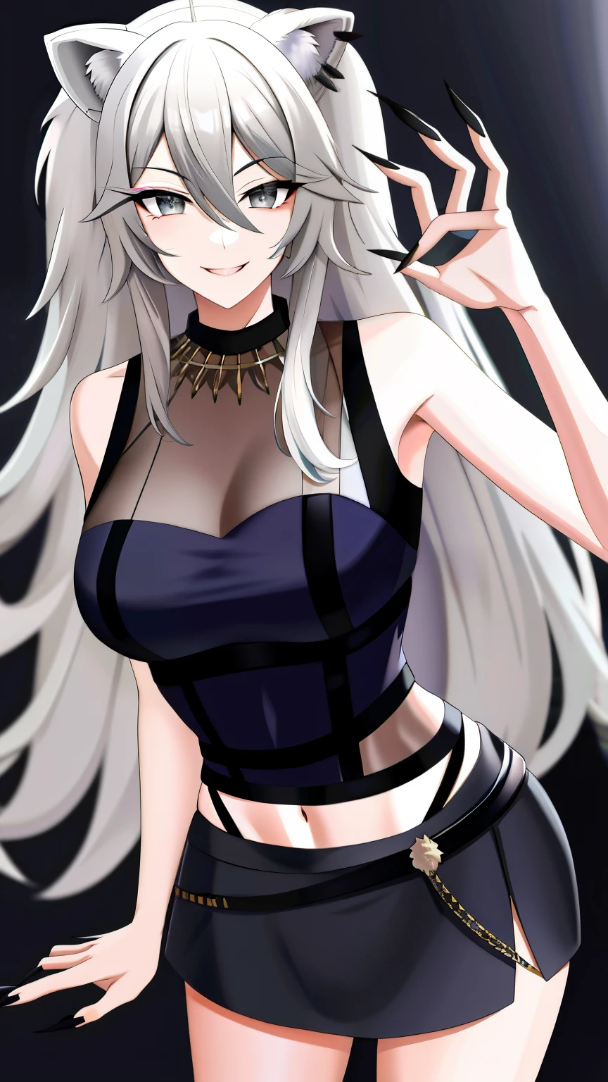 absurdres, highres, best quality,  Botan, black top, fur-trim, oionlion ears, messy hair, skirt, messy hair, grey eyes, grey hair, long hair, black nails, sharp nails, dynamic pose, sexy pose, seductively smile,