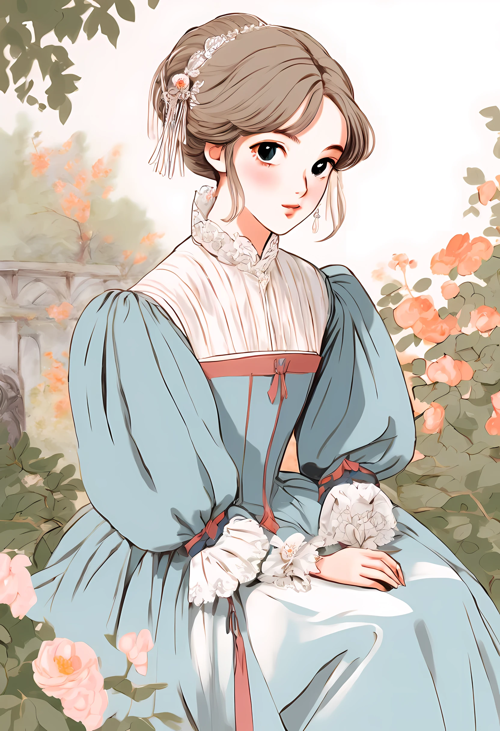 detaild drawn portait of an anime girl wearing a 16th century dress, drawn anime illustration, painted in anime painter studio, anime style illustration, made with anime painter studio, in anime style, in an anime style, with short hair, anime style portrait, sitting in the garden, anime artstyle, clean detailed anime style, hands not visible, 