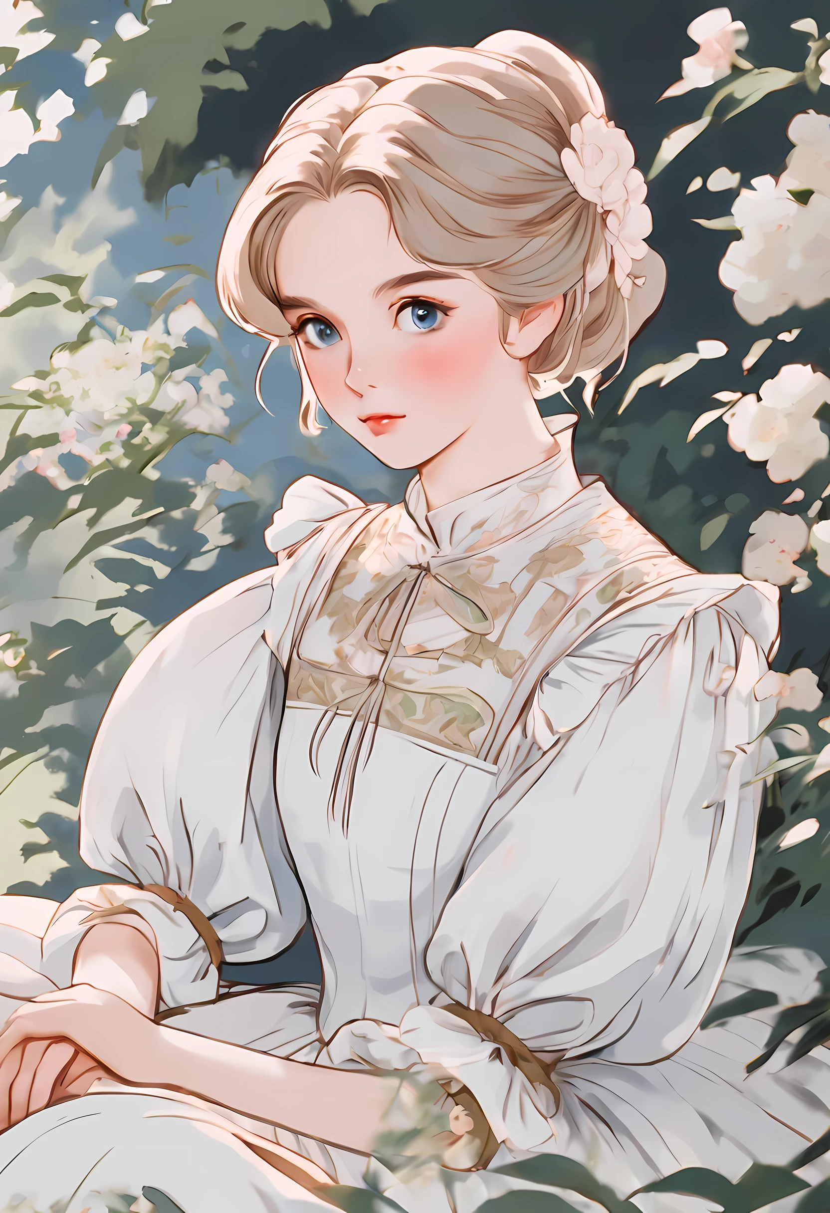 detaild drawn portait of an anime girl wearing a 16th century dress, drawn anime illustration, painted in anime painter studio, anime style illustration, made with anime painter studio, in anime style, in an anime style, with short hair, anime style portrait, sitting in the garden, anime artstyle, clean detailed anime style,