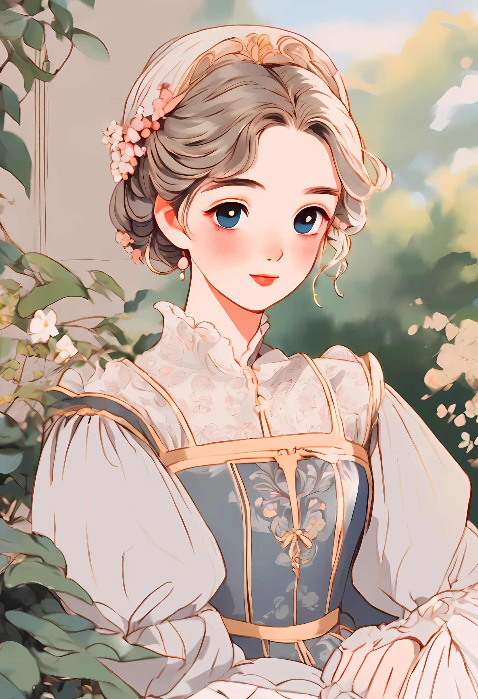 detaild drawn portait of an anime girl wearing a 16th century dress, drawn anime illustration, painted in anime painter studio, anime style illustration, made with anime painter studio, in anime style, in an anime style, with short hair, anime style portrait, sitting in the garden, anime artstyle, clean detailed anime style, 