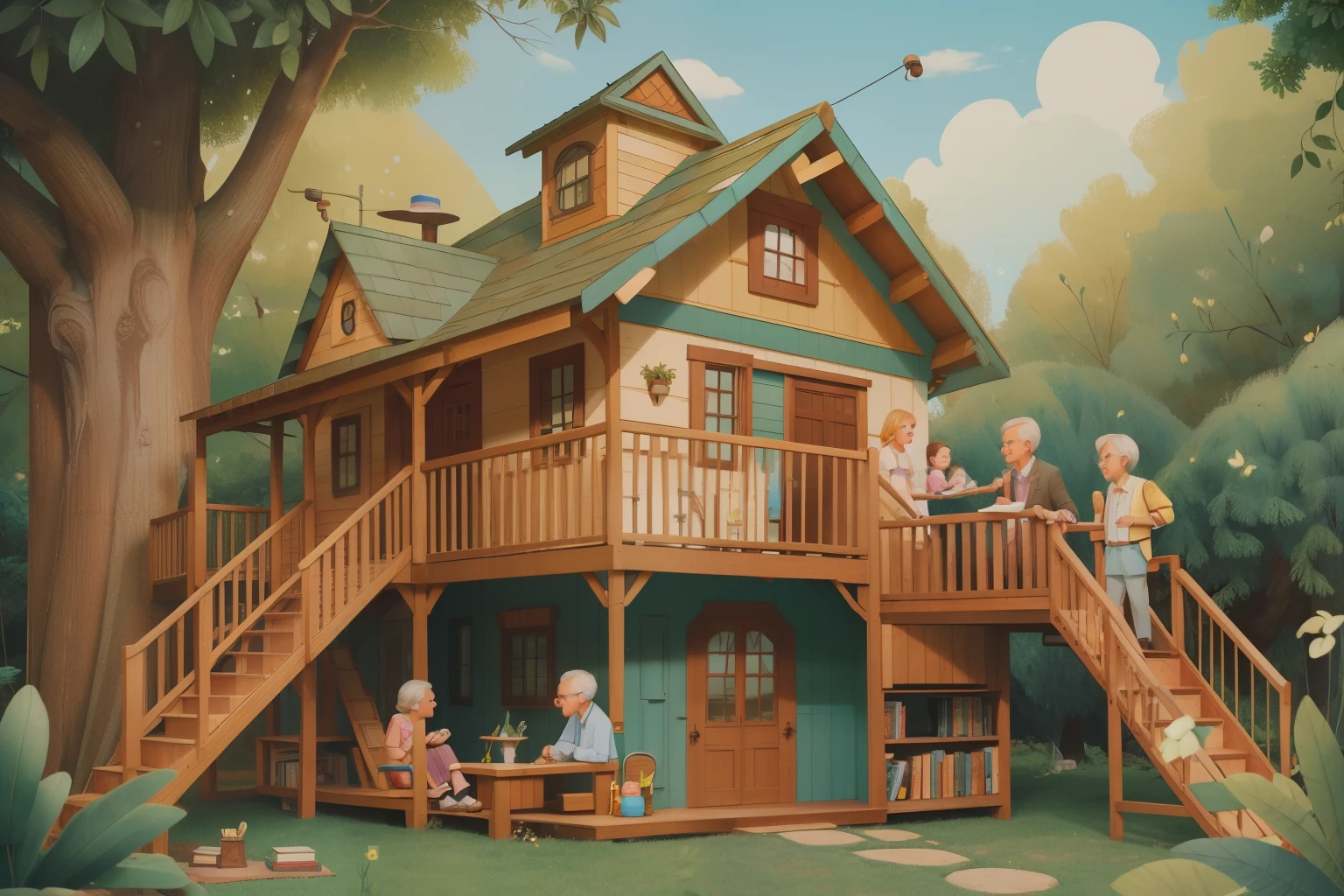 The Great Family Treehouse Escape: Illustrate a family of three generations, grandparents in their sixties, parents in their forties, and a young girl with freckles in her tween years, escaping to a whimsical treehouse in the backyard. The treehouse is filled with books, games, and magical contraptions, creating a scene of multigenerational adventure in Wes Anderson's nostalgic color palette.