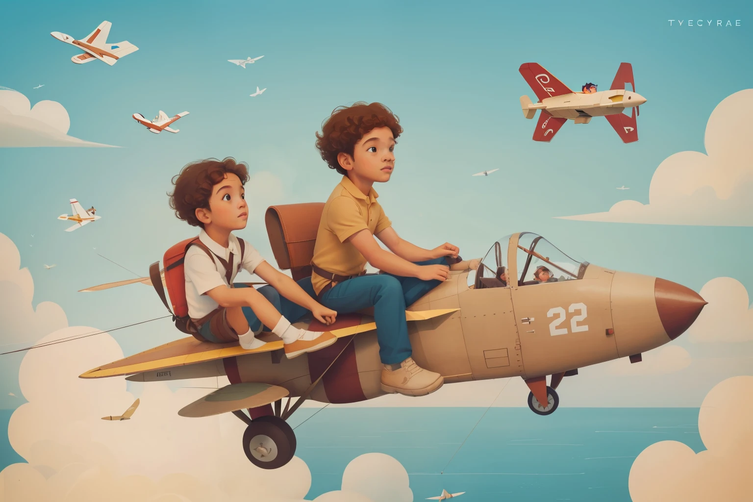 Aerial Expedition with a Homemade Flying Machine: Picture a father and his young son, both with curly brown hair, soaring through the sky in a homemade flying machine made of recycled materials. The sky is filled with floating clouds and paper airplanes, capturing the thrill of a family-made adventure in Wes Anderson's playful color tones.