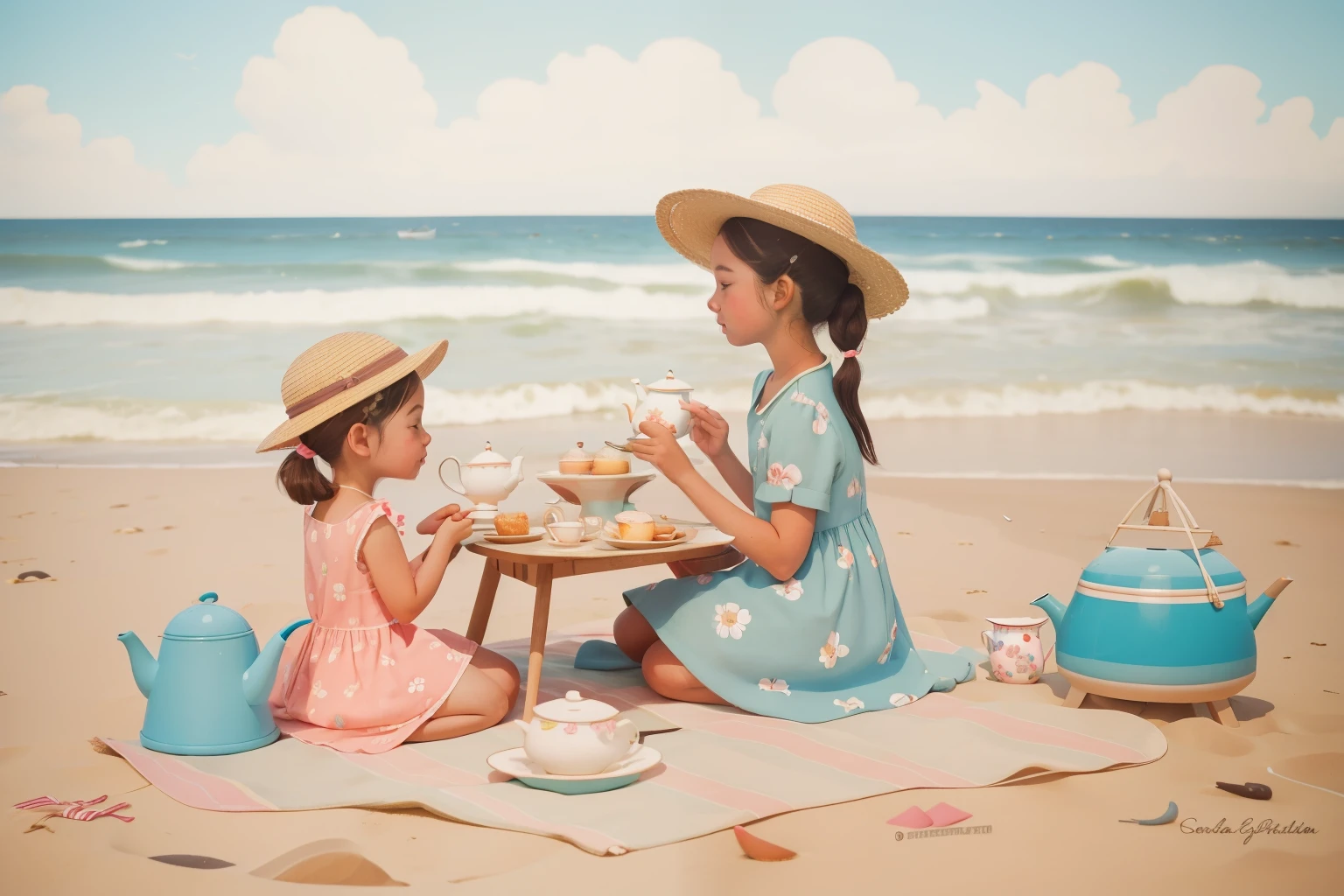 The Seaside Tea Party: Capture a scene of a ten-year-old girl with pigtails and a sunhat, accompanied by her dog, having a tea party on a windswept beach. The girl wears a floral dress, and the beach is adorned with vintage tea sets and whimsical sandcastles. The seaside charm should be depicted in Wes Anderson's signature color palette.