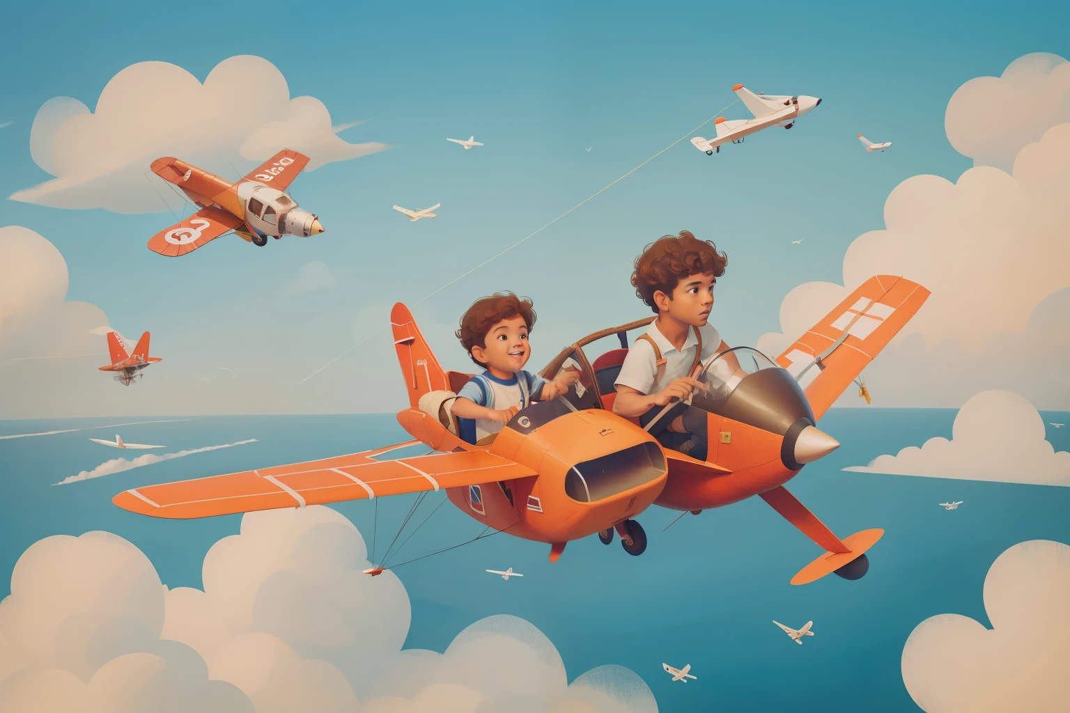 Aerial Expedition with a Homemade Flying Machine: Picture a father and his young son, both with curly brown hair, soaring through the sky in a homemade flying machine made of recycled materials. The sky is filled with floating clouds and paper airplanes, capturing the thrill of a family-made adventure in Wes Anderson's playful color tones.
