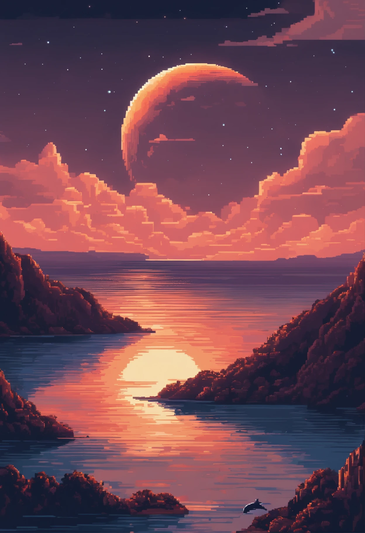 Pixel art of a huge moon rising on the calm sea, beautiful detailed pixel art, detailed pixel art, lo-fi retro videogame, concept pixelart, detailed pixel artwork, Pixel art style, pixel town, pixel art animation, high quality pixel art, Dolphins leap from the surface of the sea, super detailed color lowpoly art, #pixelart:ixelart, #pixelart