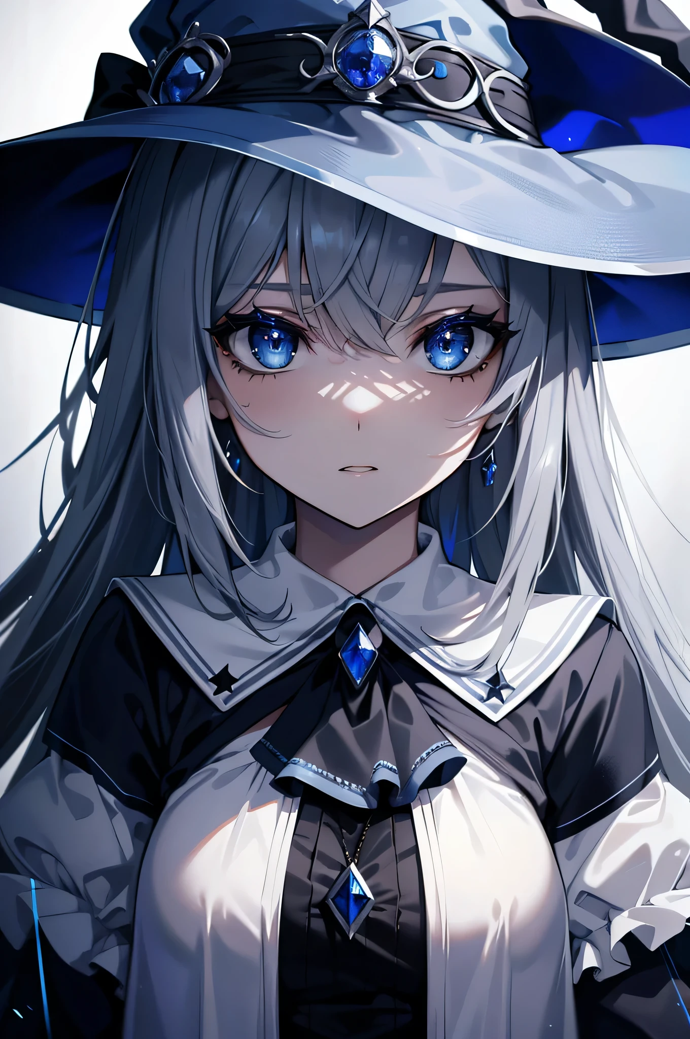 (muste piece, highest quality, ultra high resolution),1 girl,suit, witch hat,, beautiful and detailed face, fine eyes,((Gray and Blue theme)),