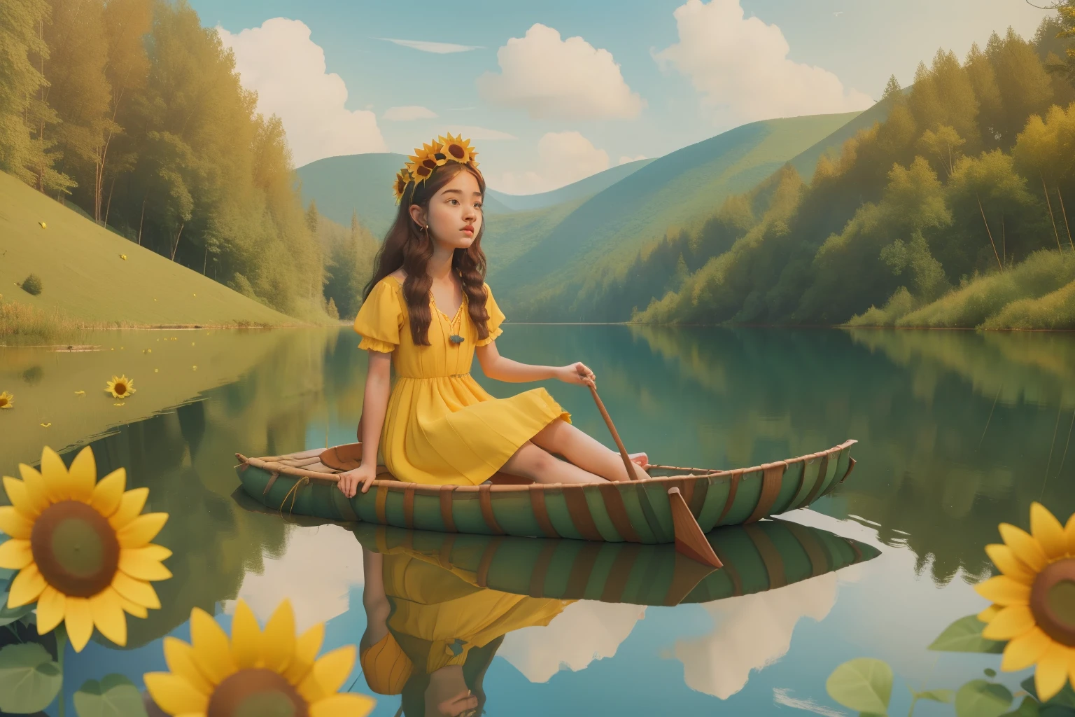 Homemade Raft on the Secret Lake: Craft an image of a teenage girl with a sunflower crown, setting sail on a homemade raft in the middle of a hidden lake. She wears a bohemian-style dress, and the lake is surrounded by lush greenery. The scene should evoke the spirit of adventure in Enid Blyton's tales with Wes Anderson's characteristic color palette.