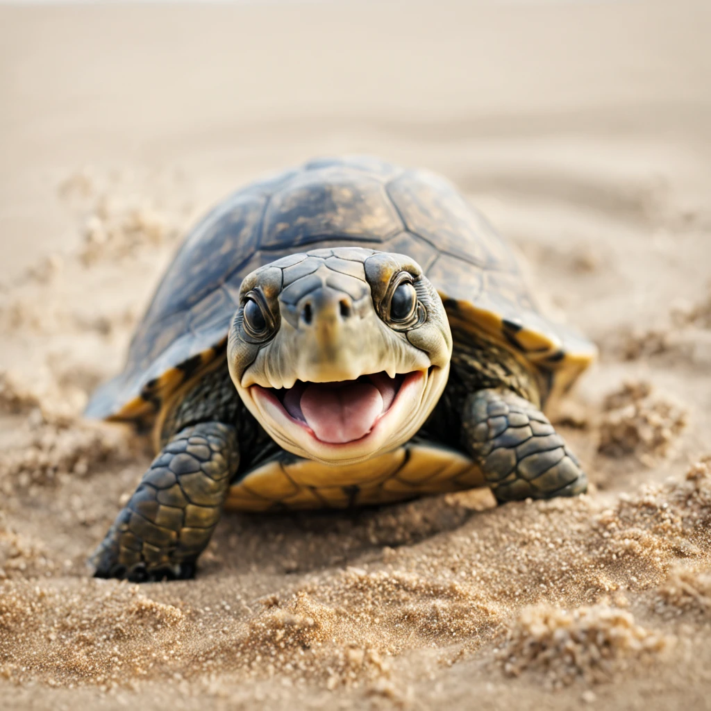 A small realistic turtle smiling happily with an open mouth in the sand