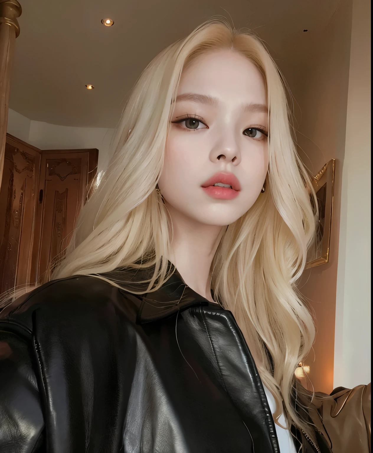 blond woman with long hair wearing a black leather jacket, Jennie blackpink, pale skin curly blond hair, extremely pale blond hair, Jennie Kim , pale glowing skin, very very pale blond hair, with pale skin, Jennie of black pink, a girl with blonde hair, with long blond hair, leaked image, pale fair skin!! Princess, lips beautiful!