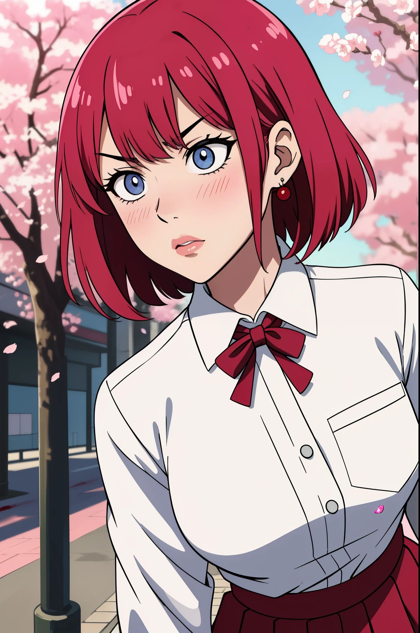 (bloodshot detailed eyes,beautiful detailed lips,stern expression)Jujutsu Kaisen nobara,(anime-style, vivid colors)portrait, (hand-drawn illustration:1.3, highres:1.1), (hairstyle: bob cut, layered haircut), (school uniform:red skirt, white shirt), (charm: rose earring, pink blush), (background: bustling Tokyo streets, cherry blossom trees), (lighting: soft natural light, casting gentle shadows).