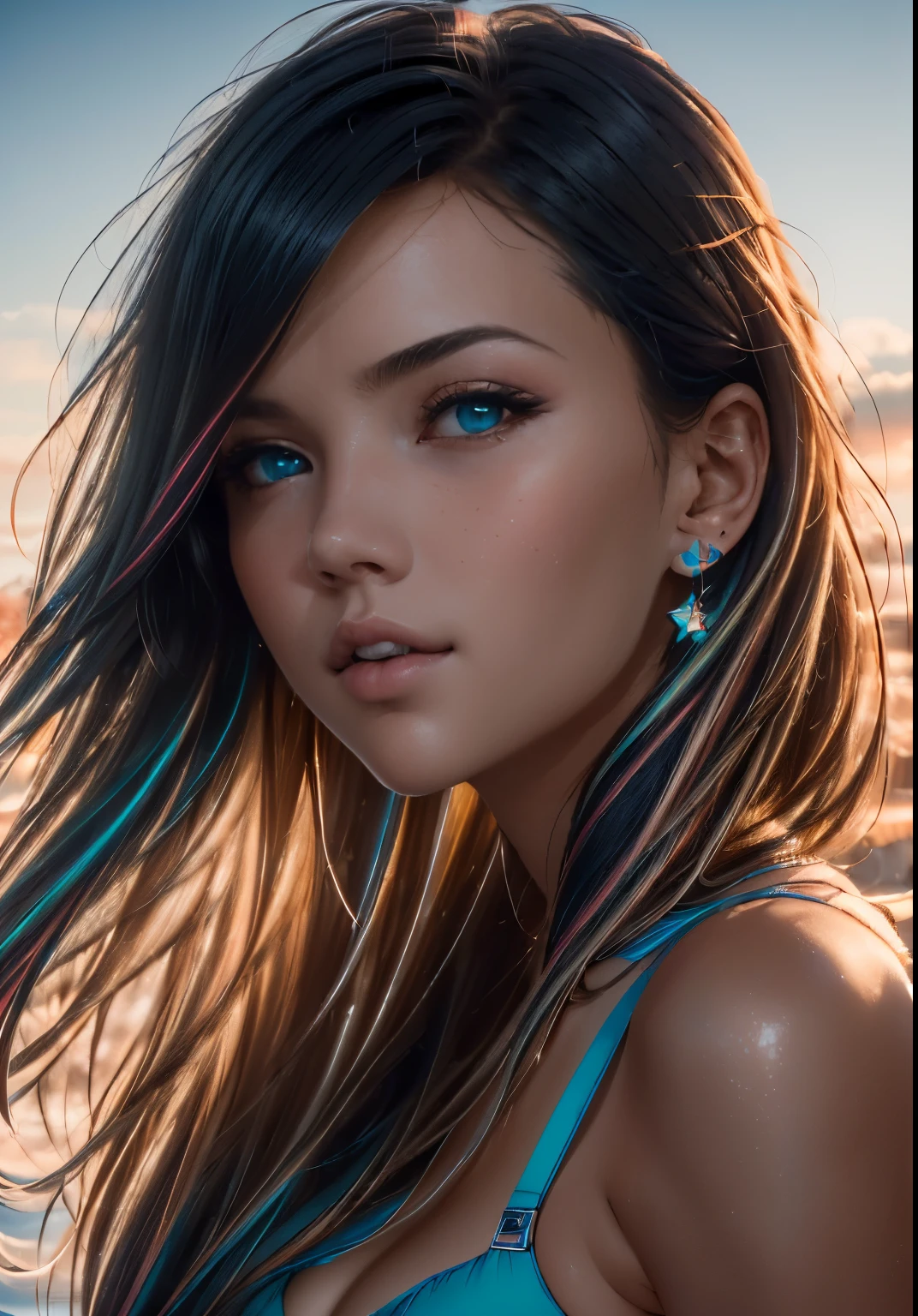 analog style, model shoot style, RAW photo ((portrait:1.8)) of a (young girl:1.5), ((colorful photo:1.5)), (long hair, multicolored hair:1.7), ((cute face: 1.7, perfect face:1.3)), looking at viewer,
(shiny body:1.5, pale skin:1.5), best quality, epic (by lee jeffries and quentin tarantino photo, sony a7, 50 mm, pores:1.5, colors, hyperdetailed:1.5,
film grain:1.4, hyperrealistic: 1.5), hyper-realistic lifelike texture, masterpiece, unreal engine 5, Extremely detailed CG unity 8k wallpaper, realistic eyes, UHD, HDR, DSLR,
Madly detailed photo, (ecstasy of light and shadow, deep shadow), (Winner of the Pulitzer Prize for Photography and Taylor Wessing Photographic Prize)