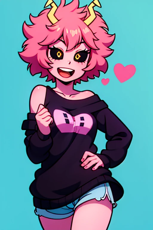 mina ashido, 1girl, solo, looking at viewer, smile, short hair, open mouth, simple background, long sleeves, white background, bare shoulders, collarbone, yellow eyes, pink hair, :d, heart, cowboy shot, horns, shorts, off shoulder, sweater, hand on hip, v, colored skin, black shorts, colored sclera, black sclera, off-shoulder sweater, pink skin, v over eye, purple sweater