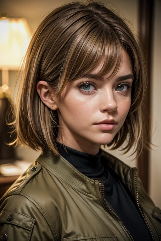 a 35 year old woman in a military jacket, una pintura fotorrealista de Kuno Veeber, Tendencias en Pixabay, Fotorrealismo, Hermoso rostro fotorrealista, Modelo de cara perfecta, Cara altamente detallada de 8k, Attractive woman with light brown hair with blonde highlights, short brown hair with blonde highlights and big green eyes, Atractivo rostro femenino!!!, Redahair and attractive features.