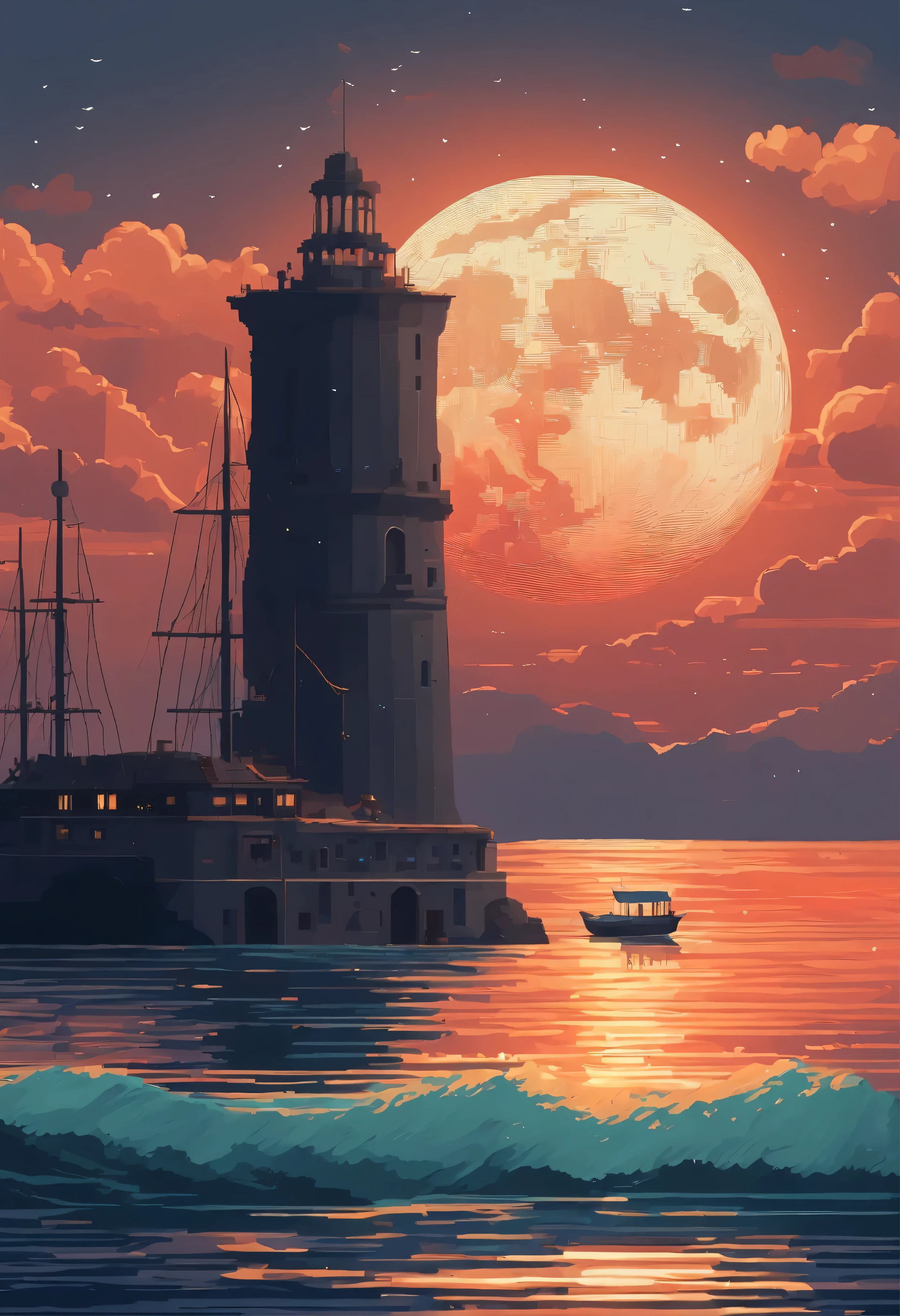 Pixel art of a huge moon rising on the calm sea, beautiful detailed pixel art, detailed pixel art, lo-fi retro videogame, concept pixelart, detailed pixel artwork, Pixel art style, pixel town, pixel art animation, high quality pixel art, Dolphins leap from the surface of the sea, super detailed color lowpoly art, #pixelart:ixelart, #pixelart