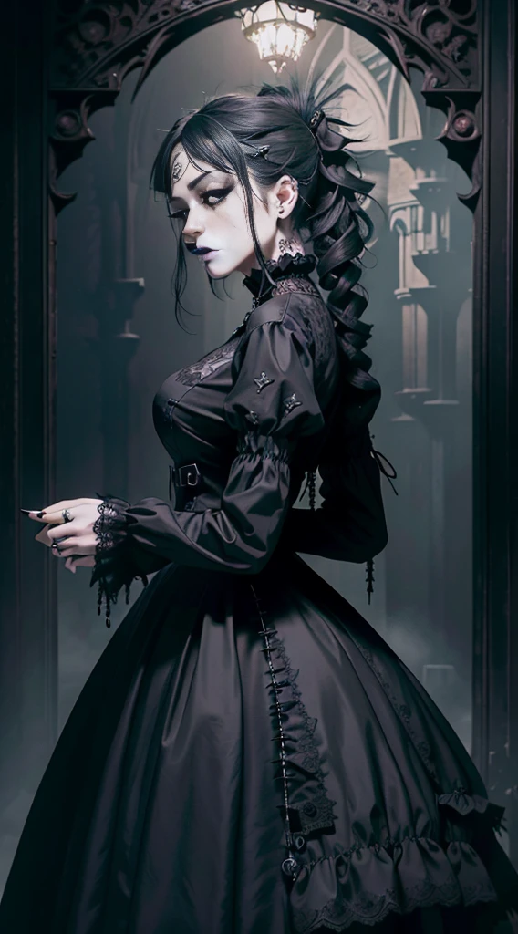 Official Art, Unity 8k wallpaper, ultra-detailed, beautiful, beautiful, ((New Goth gal:1.4)), masterpiece, best quality, dark, atmospheric, mystical, romantic, creepy, literature, art, fashion, victorian, decoration, intricate, ironwork, lace, contemplation, emotional depth, supernatural, 1 girl, solo, hip