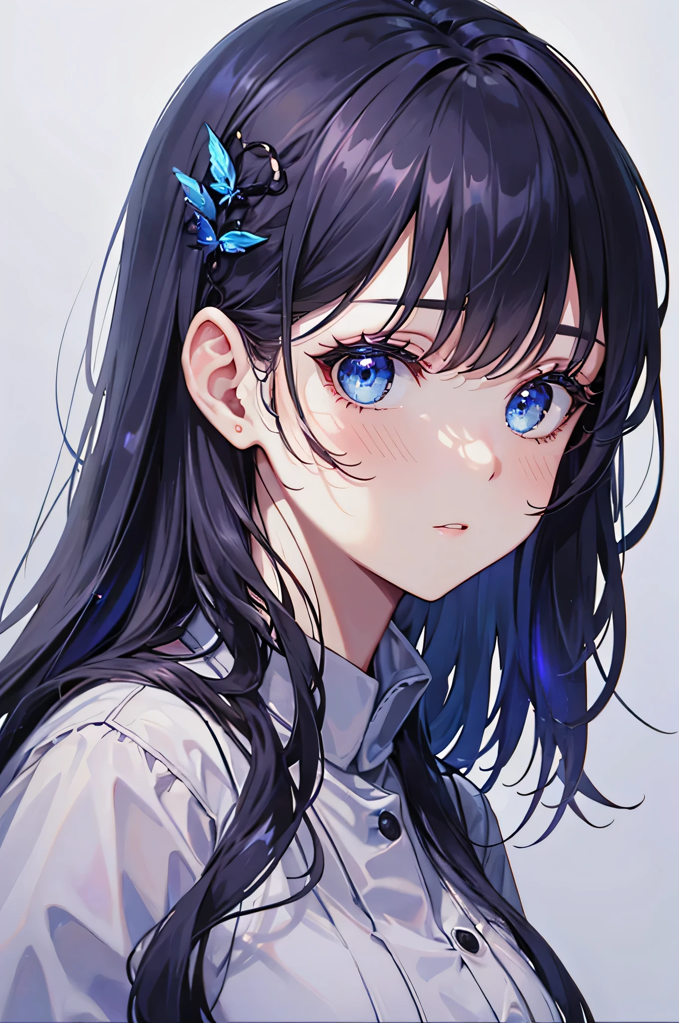 (muste piece, highest quality, ultra high resolution),1 girl,suit, , beautiful and detailed face, fine eyes,((Gray and Blue theme)),((全身写っている)),パーフェクトアイズ、no background,white background,黒いブーツ,白のワンピース,