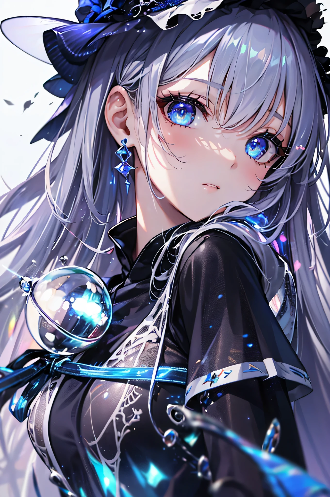 (muste piece, highest quality, ultra high resolution),1 girl,suit, , beautiful and detailed face, fine eyes,((Gray and Blue theme)),((全身写っている)),パーフェクトアイズ、no background,white background,黒いブーツ,白のワンピース,