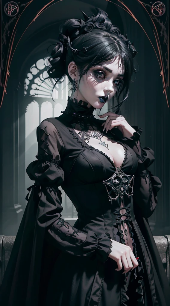 Official Art, Unity 8k wallpaper, ultra-detailed, beautiful, beautiful, ((New Goth gal:1.4)), masterpiece, best quality, dark, atmospheric, mystical, romantic, creepy, literature, art, fashion, victorian, decoration, intricate, ironwork, lace, contemplation, emotional depth, supernatural, 1 girl, solo, hip