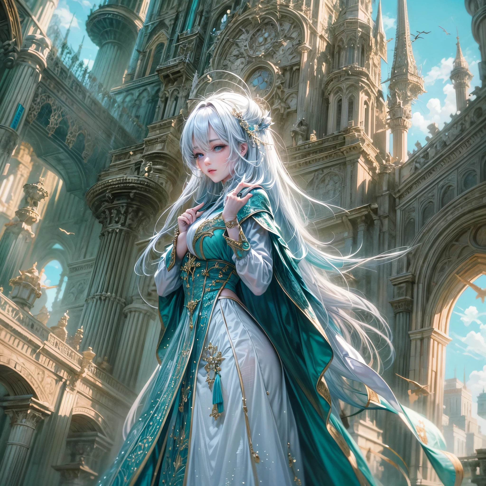 16k, ultra detailed, masterpiece, best quality, (extremely detailed), dynamic angle, anatomically correct, an ultra wide angle picture of a female human in front of a magical tower (intricate details, Masterpiece, best quality: 1.5), female human (intricate details, Masterpiece, best quality: 1.5), beautiful human (intricate details, Masterpiece, best quality: 1.4), (blue skin: 1.3), white hair, braided hair, magical tower ( 1.5, intense details, masterpiece), flowing robe, sun light,