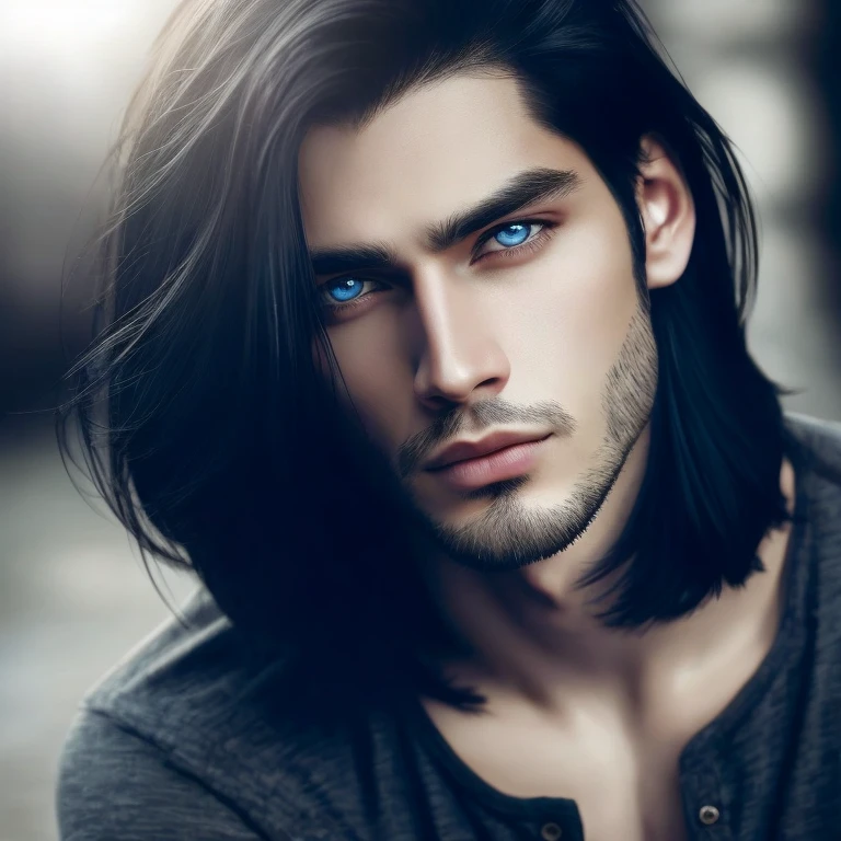 (a man with obsidian black hair, he wears it long down to his shoulders),(attractive steel blue eyes, conveying a captivating gaze),(oil painting),(highres, ultra-detailed),(vivid colors),(portrait),(warm color tone),(soft and warm lighting)