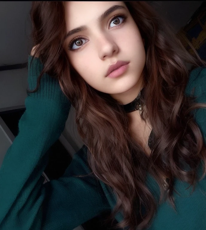 arafed woman with long brown hair and cyberpunk outfit, 🤤 girl portrait, brown hair and large eyes, with brown hair, with dark reddish hair, isabela moner, 19-year-old girl, 18 years old, very pretty face, beuatiful face, she is about 1 6 , selfie of a young woman