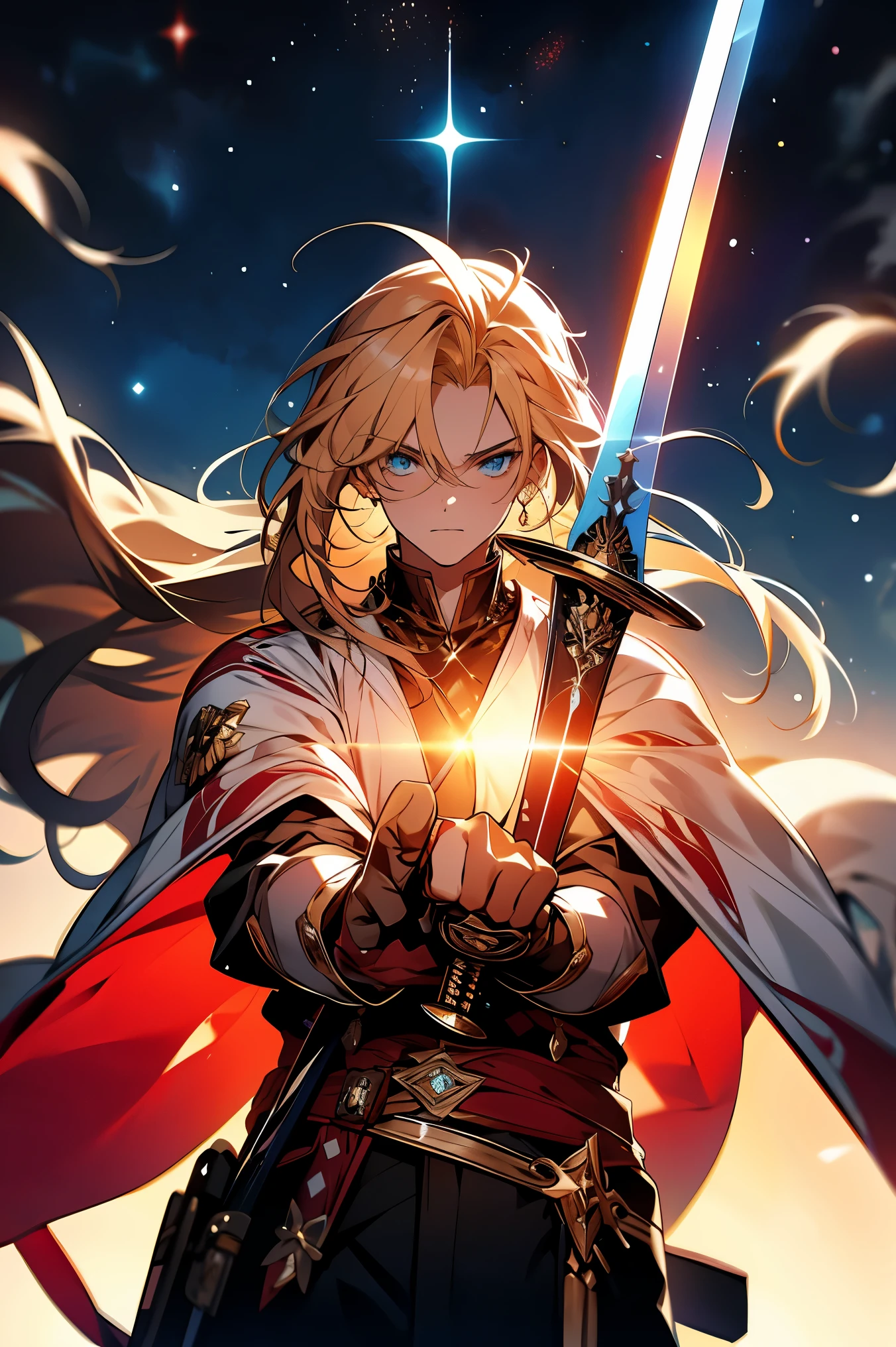 00395-1000268779-ffxxxgggxxxff, weapon, long hair, sword, blonde hair, solo, blue eyes, holding weapon, 1boy, holding, holding sword, sky, male f
