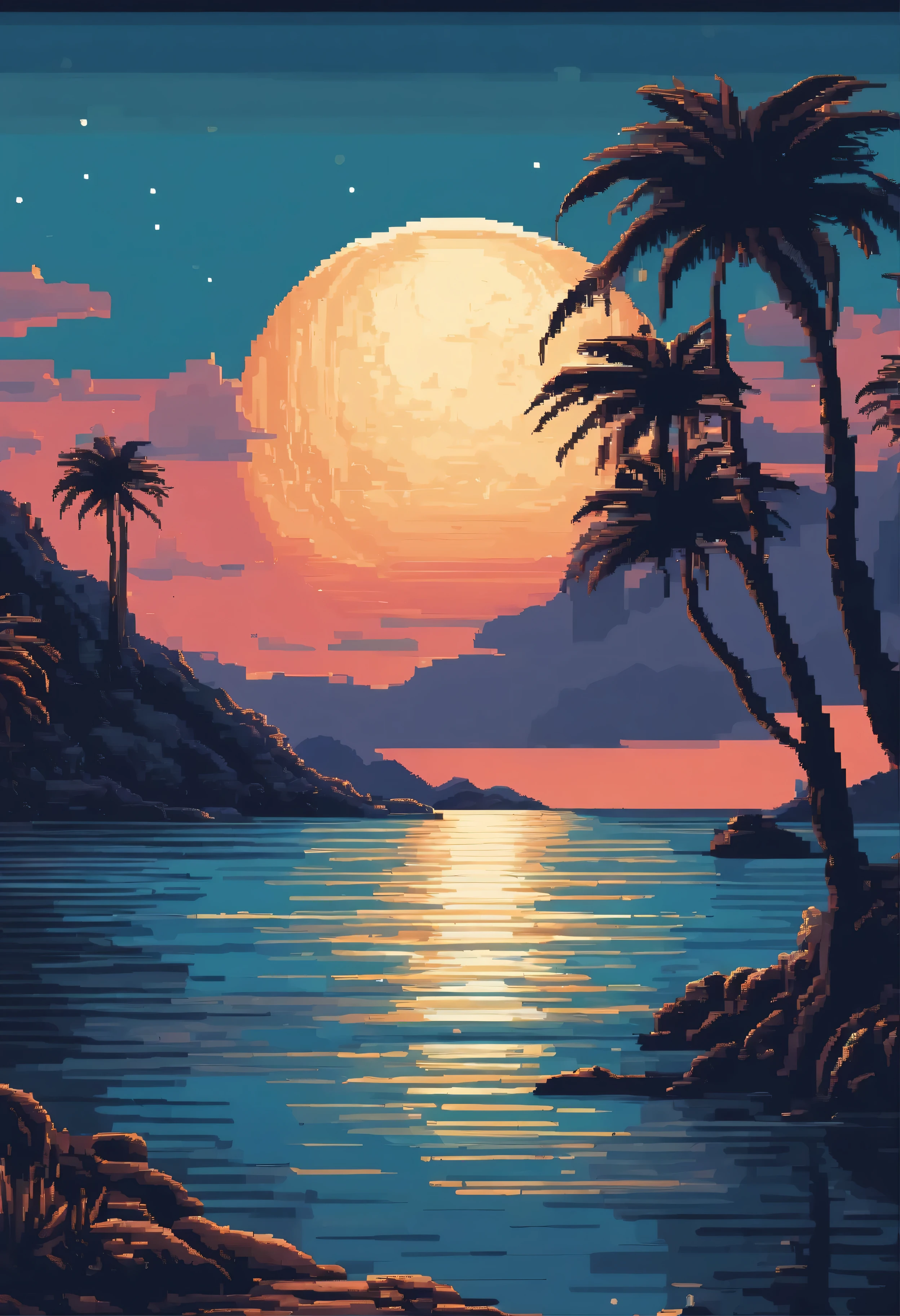 Pixel art of a huge moon rising on the calm sea, beautiful detailed pixel art, detailed pixel art, lo-fi retro videogame, concept pixelart, detailed pixel artwork, Pixel art style, pixel town, pixel art animation, high quality pixel art, Dolphins leap from the surface of the sea, super detailed color lowpoly art, #pixelart:ixelart, #pixelart