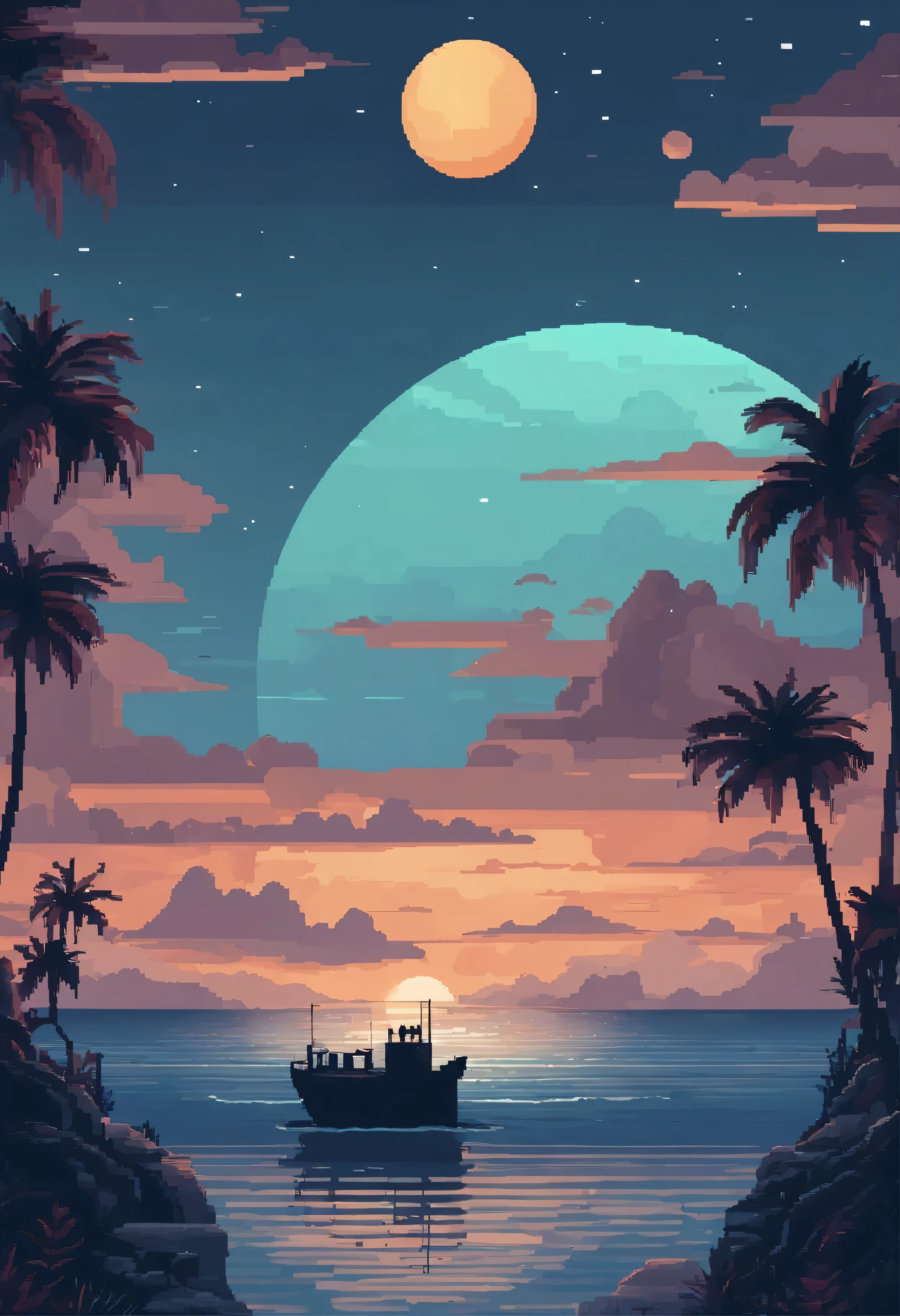 Pixel art of a huge moon rising on the calm sea, beautiful detailed pixel art, detailed pixel art, lo-fi retro videogame, concept pixelart, detailed pixel artwork, Pixel art style, pixel town, pixel art animation, high quality pixel art, Dolphins leap from the surface of the sea, super detailed color lowpoly art, #pixelart:ixelart, #pixelart